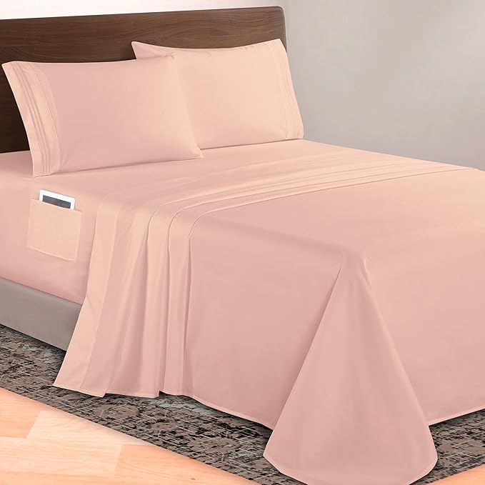 Elegant Comfort Luxurious 1500 Premium Hotel Quality Microfiber 4-Piece Sheet Set, 18-24 Inches Deep - Extra Deep Pocket Sheets - Ultra Soft 4PC Deep Pocket Sheets, Queen, Blush