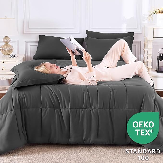 CozyLux Queen Comforter Set Dark Grey - 7 Pieces Bed in a Bag Queen, All Season Breathable Bedding Sets, Oeko-Tex Certified Bed Set with Down Alternative Comforter, Sheets, Pillowcases & Pillow Shams