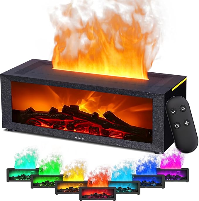 Fireplace Essential Oil Diffuser, Aromatherapy Diffuser, 150ml Ultrasonic Cool Mist Humidifier, 7 Colors Firelight Flame Diffusers with Remote, Waterless Auto-Off & Timer for Home Office(Black)