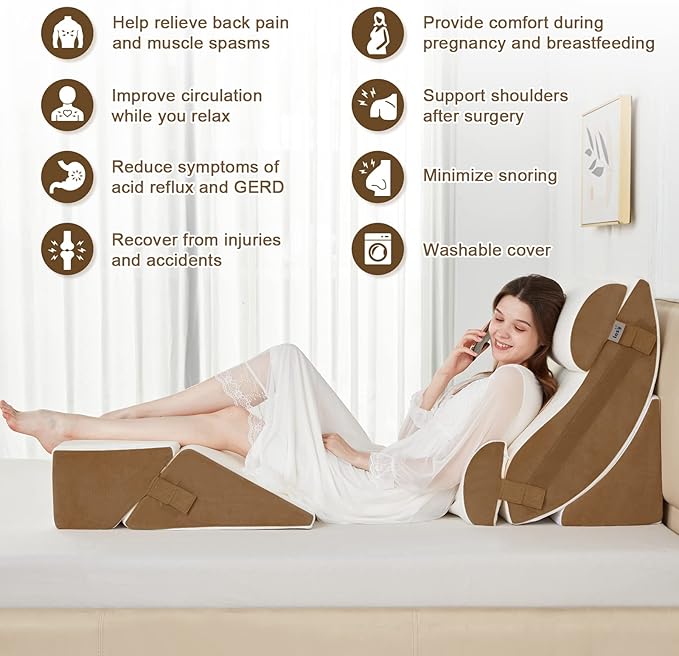 Lazyzizi 6pcs Orthopedic Bed Wedge Pillow Set, Memory Foam Wedge Pillow for Sleeping, Knee, Lumbar and Back Pain Relief Adjustable Bed Pillow - Acid Reflux, Anti Snoring & GERD Sleeping, Brown