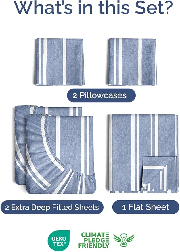 Extra Deep Split King Sheet Set - 5 Piece Breathable & Cooling Bed Sheets - Easily Fits 18 to 24 inch Mattress - Soft, Wrinkle & Fade Free w/ Extra Deep Pockets - Hotel Luxury Bedding - Blue Stripes 3