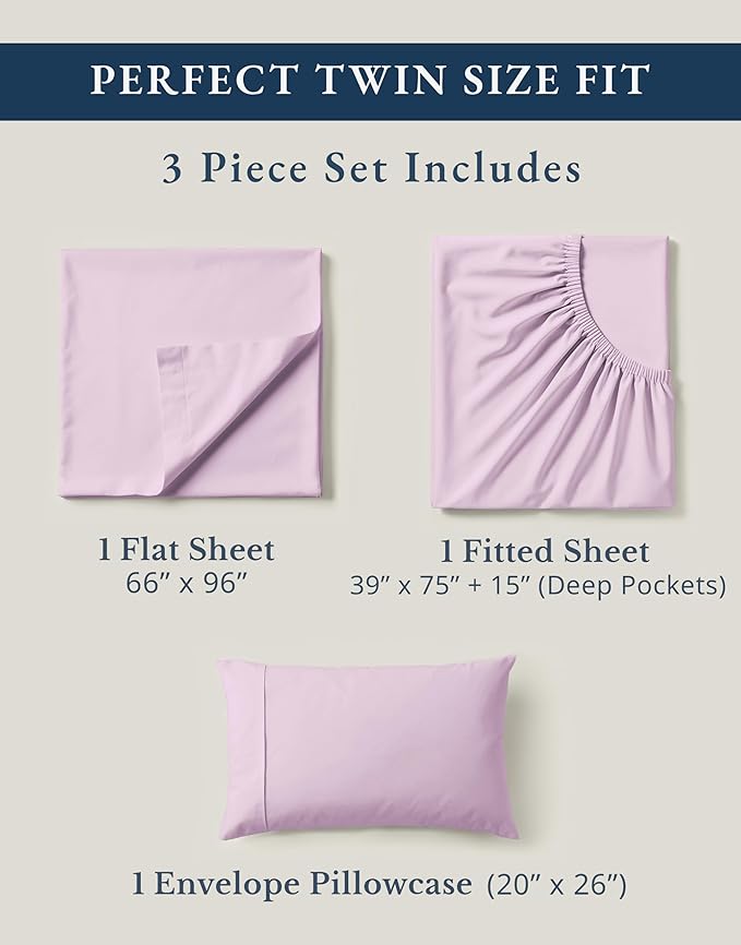 LANE LINEN 100% Organic Cotton Sheets Set Twin Size, Classic Percale Weave, Breathable Naturally Temperature Regulating Cotton Sheet Set, Low Pill Fade Resistant Deep Pocket Twin Sheets-Orchid Petal