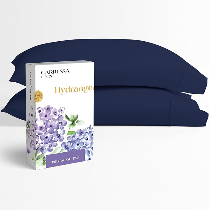 Carressa Linen 100% Egyptian Cotton Pillow Cases Queen Size Set of 2 - Luxury 600 Series Hydrangeas Collection Queen Size Pillowcases (Navy Blue), Cooling Sateen Weave Hotel Quality Bed Pillow Cover
