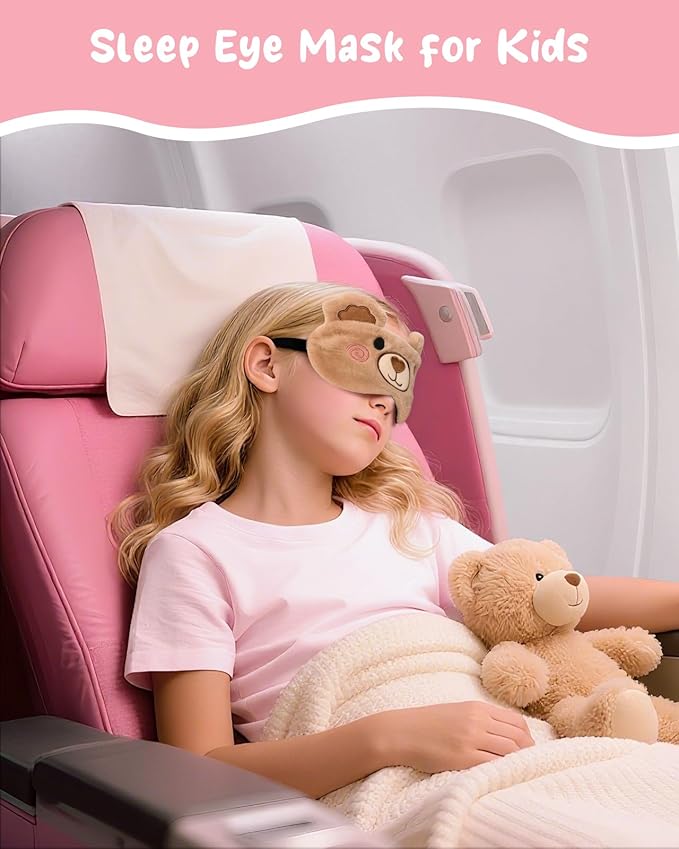 Miss Adola Sleep Mask for Kids - Valentines Gift for Kids Cute Plush Fuffy Sleeping Eye Cover Kawaii Soft Eyeshade Animal Eye Blindfold for Girls Boys Teens with Adjustable Strap, Bear