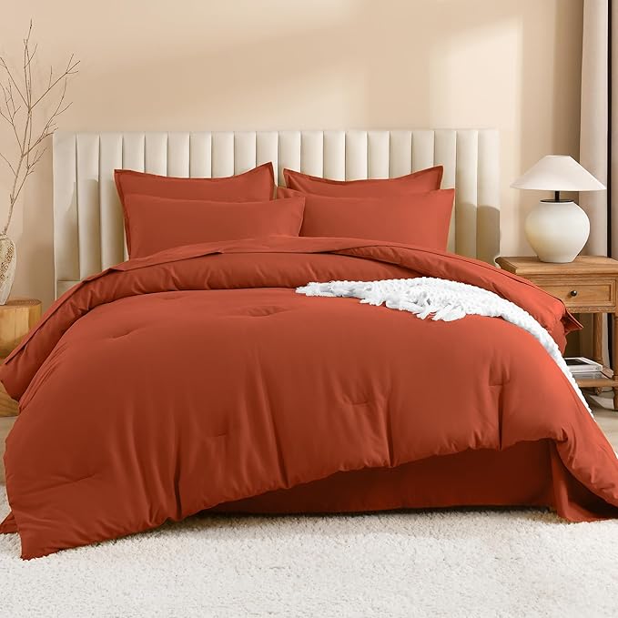 Litanika Burnt Orange Comforter Queen Size Set - 7 Pieces Terracotta Bed in a Bag Queen Bedding Comforter Sets, Plain Lightweight Bed Set with Comforter, Sheets, Pillowcases & Shams
