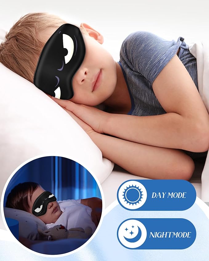 Miss Adola Sleep Mask for Kids - Silk Eye Mask for Sleeping Cute Cartoon Kids Sleep Mask for Boys Girls Teens Soft Smooth Adjustable Straps Silk Kids Eye Cover, Black White Eyes