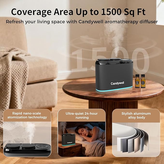 Smart Essential Oil Diffuser with Dual Nozzle & App Control, Waterless Diffuser for 1500 Sq Ft, with 4 Timer & 4 Mist Levels, Hotel Scent Diffuser for Home & Office