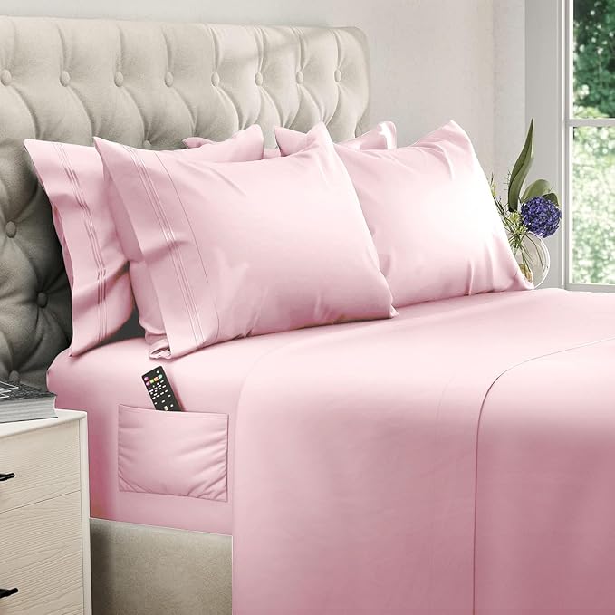 DREAMCARE Queen Sheet Set - 6 pcs Breathable Cooling Bed Sheets - up to 21" Extra Deep Pocket Queen Sheets Set with Side Pockets - Extra Soft 100% Brushed Hypoallergenic Hotel Luxury Bedding - Pink