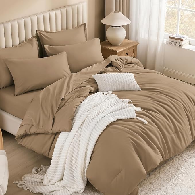 Litanika King Size Comforter Set Taupe - 7 Pieces Bed in a Bag King Bedding Comforter Sets, Solid Lightweight Bed Set with Comforter, Sheets, Pillowcases & Shams