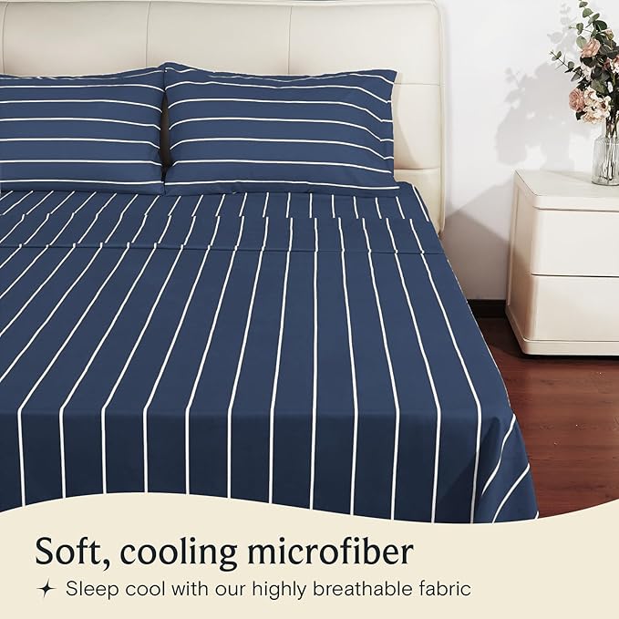 LuxClub Striped Sheets, 3 PC Striped Bed Sheets Twin Size, Deep Pockets 18" Eco Friendly Wrinkle Free-Kids-Fitted Sheets Machine Washable Hotel Bedding (Twin, Navy)