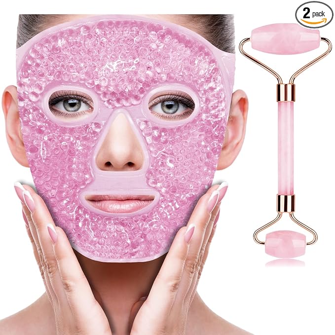 ZNÖCUETÖD Ice Face Facial Jade Roller and Ice Face Mask Cold Cooling Gel Mask Gift Set for Women Aging Wrinkles Lifting Firming Puffy Eyes, Eye Face Neck Roller Massager SPA Tools
