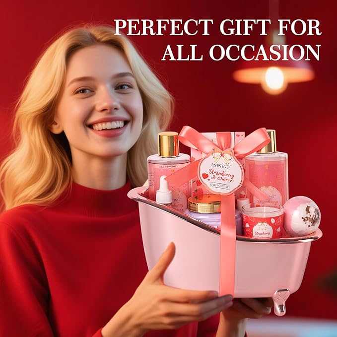 Gift Basket for Women, Strawberry Spa Baskets for Women Gifts, Beauty & Personal Care Set - Home Bath Pampering Package, Spa Self Care Kit, Teacher Appreciation, Thank You, Birthday, Mom Gift