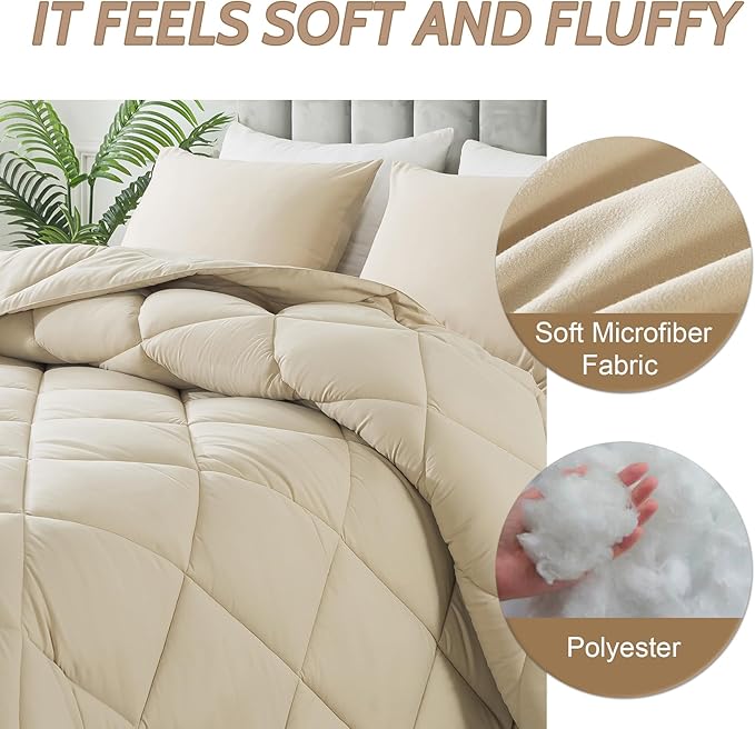 Decroom Lightweight Queen Comforter Set with 2 Pillow Sham - 3 Pieces Set - Quilted Down Alternative Comforter/Duvet Insert for All Season - Beige - Queen Size