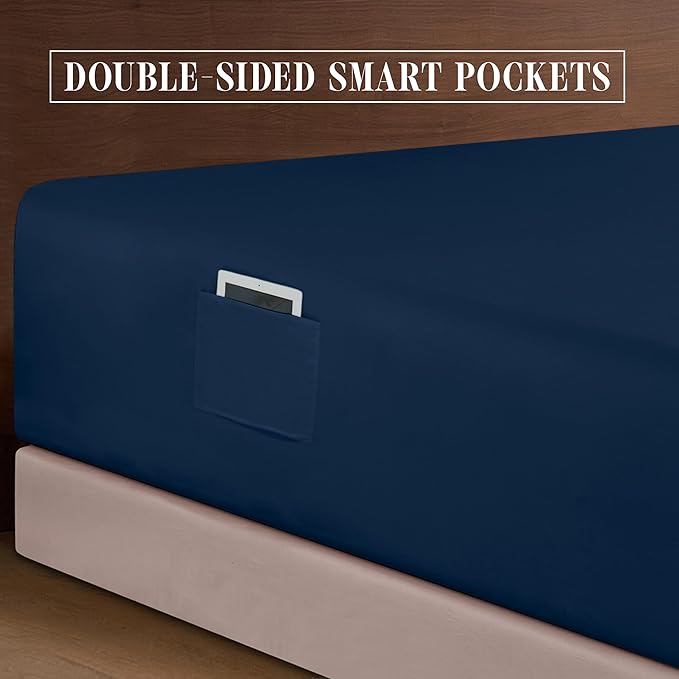 Elegant Comfort Luxurious 1500 Premium Hotel Quality Microfiber 4-Piece Sheet Set, 18-24 Inches Deep - Extra Deep Pocket Sheets - Ultra Soft 4PC Deep Pocket Sheets, Queen, Navy Blue