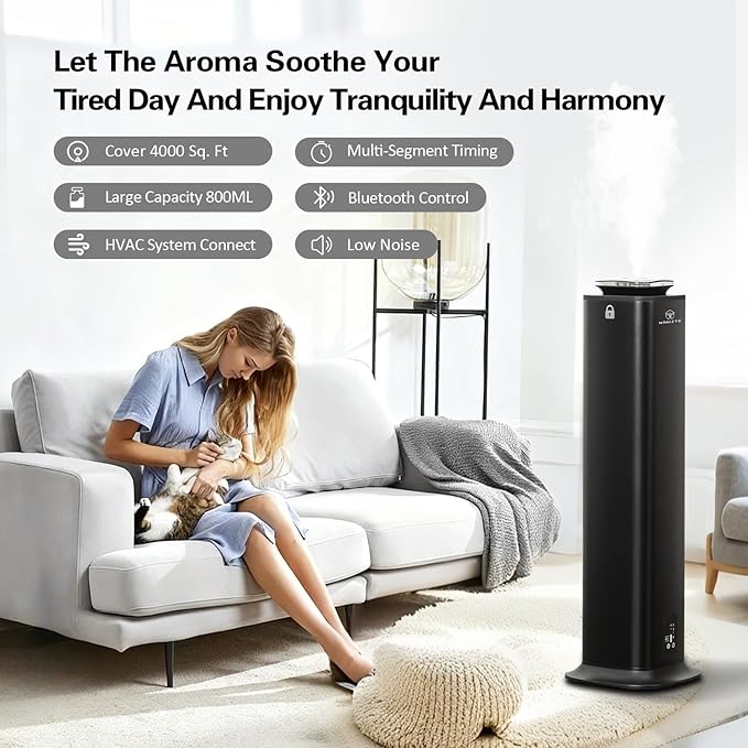 Tower HVAC Scent Diffuser | 4000 Sq. Ft Coverage | 800ml Essential Oil Waterless Diffuser | Large Capacity Luxury Hotel Diffusers | App & Touch Control for Two-Story Home, Open Area - Black