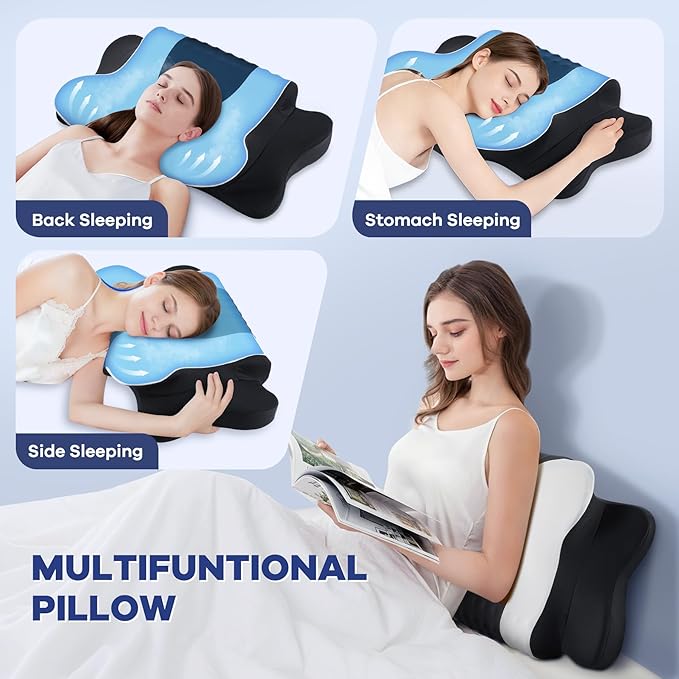 Cervical Neck Pillow for Pain Relief,Cervical Pillow with Memory Foam Ergonomic Pillows with Dual Heights for Back, Stomach and Side Sleepers Kids' Floor Pillows Cushions (Black, Standard 26"×15")