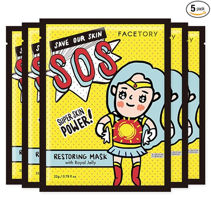 FACETORY K Beauty Face Mask Skin Care - SOS SAVE OUR SKIN RESTORING Sheet Mask with Royal Jelly & Aloe | Calm Appearance, Dewy Skin (5 Pack)