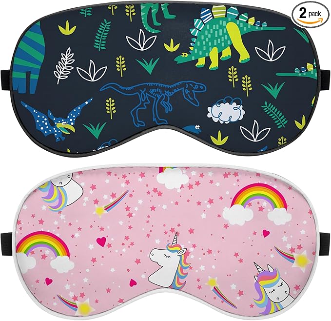 2 PCS Sleep Eye Mask Silk Sleeping Soft with Elastic Strap Eye Sleep Shade Cover for Cute Aesthetic Unisex Women Girls for Airplane Travel Nap-Dinosaurs Unicorn