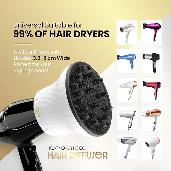 Herbishh Large Universal Diffuser Hair Dryer Attachment Adjustable 1.37" - 3.14" Dryer Diffuser Even Heat Rotary Clip for Curly Definition & Wavy Hair, Reduces Frizz & Adds Volume, Heat Resistant