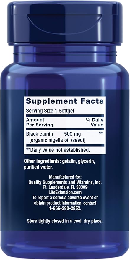 Life Extension Black Cumin Seed Oil, Black Cumin, Immune Health Support, Whole-Body Health, Healthy Aging, Gluten Free, Non-GMO, 60 softgels