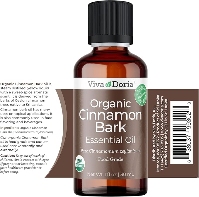 Viva Doria Cinnamon Bark Essential Oil, USDA Certified Organic Cinnamon Oil, 100% Pure, Natural Essential Oil, Undiluted, for Aromatherapy | Food Grade, 30 mL (1 Fluid Ounce)