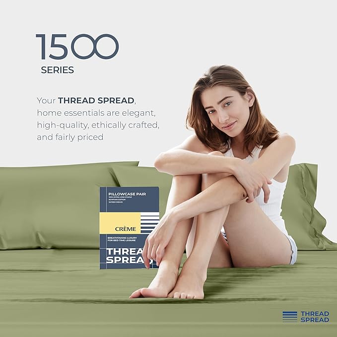 THREAD SPREAD 100% Egyptian Cotton King Size Pillow Cases Set of 2 - Luxury 1500 Series Pillow Cases King Size (Sage Green), Soft Cooling Envelope Closure Hotel Quality Egyptian Cotton Pillowcases