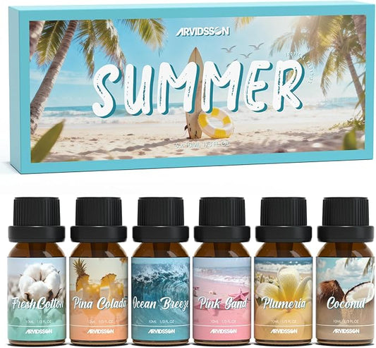 ARVIDSSON Summer Essential Oils Set, Tropical Fragrance Oil for Diffuser, Soap and Candle Making - Ocean Breeze, Pina Colada, Fresh Cotton, Pink Sand, Plumeria, Coconut, Scented Oil for Home