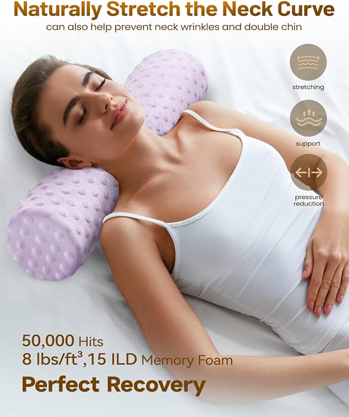 Memory Foam 5" Round Pillow, Cervical Neck Pillow for Pain Relief, Cylinder Pillows 18"x 5", Removable Cover, Neck Roll Pillow for Sleeping, Purple Velvet Dots