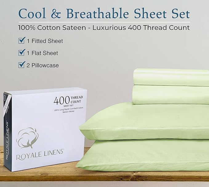 ROYALE LINENS 400 Thread Count 100% American Grown Cotton 4 Piece Sateen King Sheet Set - 1 Fitted Sheet, 1 Flat Sheet, 2 Pillow case - Green King Bedsheet - Cotton Sheets - (King, Florentine Sage)
