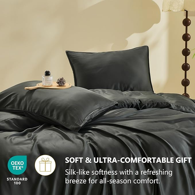 Simple&Opulence Cooling Duvet Cover Set King Size, 3 Pcs 100% Viscose Derived from Bamboo Hotel Luxury Silky Bedding Set, Breathable Soft Comforter Cover for Hot Sleeper with 2 Pillowcases(Dark Grey)