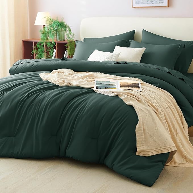CozyLux Queen Comforter Set Forest Green, 7 Pieces Bed in a Bag Queen Comforter Set with Sheets, Luxury Soft Bedding Sets with Down Alternative Comforter, Fitted Sheet, Flat Sheet, Pillowcases & Shams