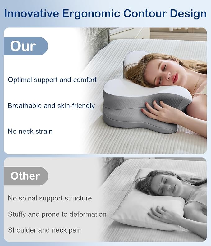 Cervical Neck Pillow, Ergonomic Memory Foam Pillows for Neck Pain Relief with Breathable Pillowcase, Neck Support Pillow with Adjustable Settings for Side Back Stomach Sleepers, Odorless White