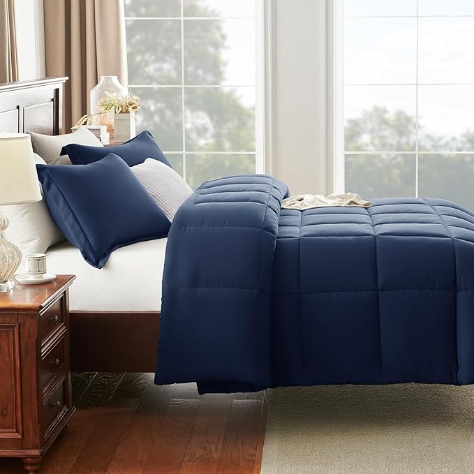 CozyLux Twin/Twin XL Comforter Set Navy Blue - 2 Pieces Box Stitched Twin Bed Set for Teen Boys and Girls with All Season, Soft Bedding Sets with 1 Down Alternative Comforter and 1 Pillow Sham