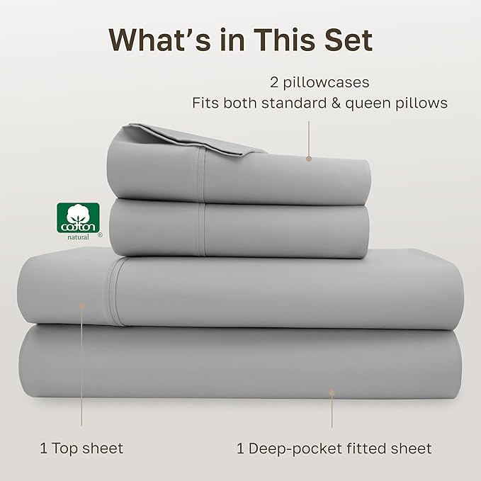 California Design Den Soft 100% Cotton Sheets Queen Size Set, 400 TC Good Housekeeping Award Winner, Silky Smooth Sateen with Deep Pockets, Breathable and Durable Cotton Bedding Set - Light Grey