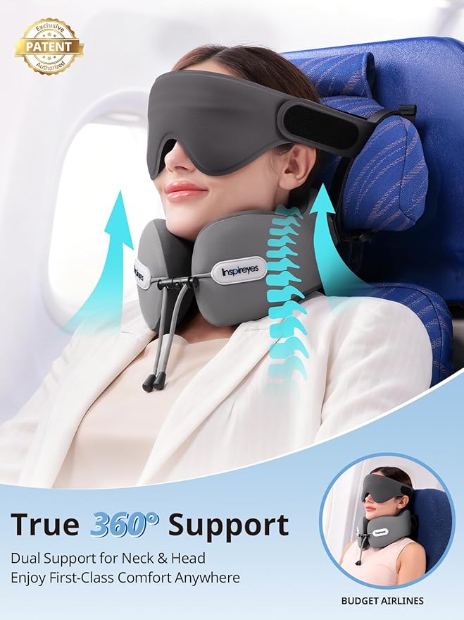 Inspireyes Neck Pillow, Travel Pillow with Seat Strap, 3D Sleep Mask, Dual Support Neck Head, High Supportive Foam Airplane Pillow for Long Flight Road Trip, Stop Bobblehead Travel Essential, Beige