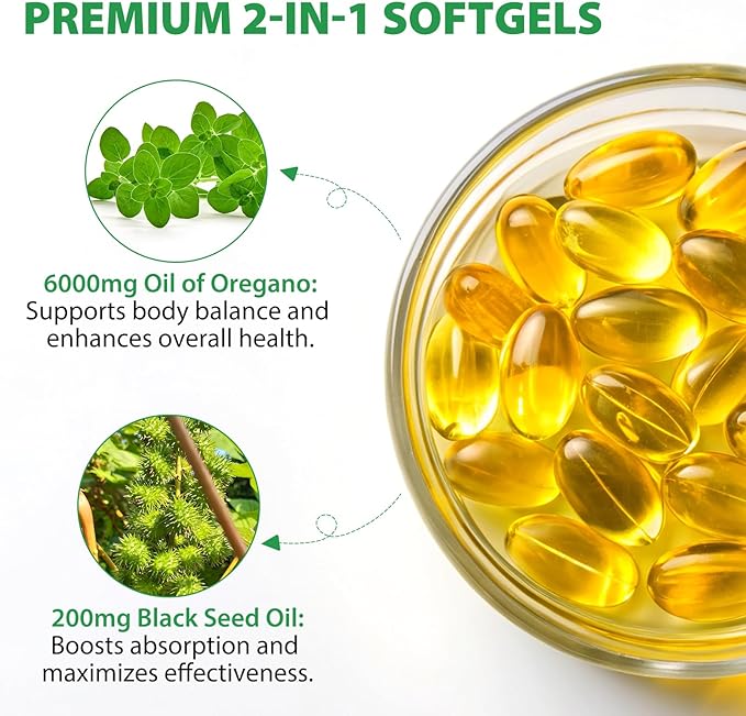 Oil of Oregano Softgels 6000mg, 120 Count | 2 in 1 Formulated with Black Seed Oil 200mg, Oregano Oil Capsules, High Carvacrol & Thymoquinone for Immune Support | Non-GMO, Gluten-Free