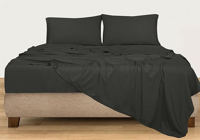 ROYALE LINENS 300 Thread Count 100% Long Staple Combed Cotton Sheet Set - 4 Piece King Bed Sheet 1 Fitted Sheet, 1 Flat Sheet, 2 Pillow Cases - Breathable, Cool & Crisp Percale Sheet Set (King, Black)