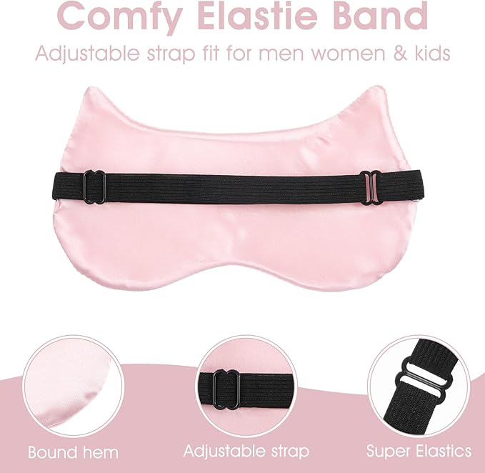 Cute Cat Silk Satin Eye Mask - 3Pcs Women's Blackout Blindfold with Elastic Strap - Travel Eye Mask (3 Colors)