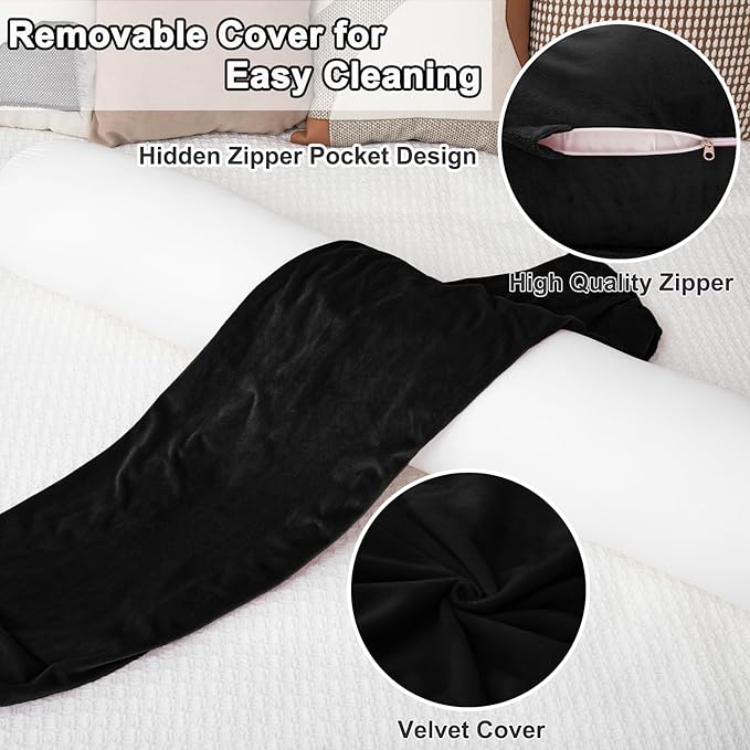 1 MIDDLE ONE Round Body Pillow for Adults, Long Bolster Pillow for Bed with Removable Velvet Cover, Decorative Tube Roll Cylinder Pillow, 47 x 7.87 Inch, Black