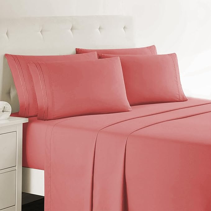 Clara Clark Full Sheets - Hotel Luxury 6 Piece Bed Sheets for Full Size Bed - Soft Bedding Sheets & Pillowcases, Fits Mattress up to 16 inch deep. Full, Pink Clay