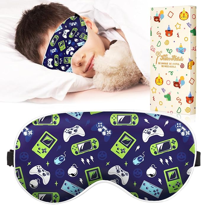 Miss Adola Sleep Mask for Kids - Cute Kawaii Cartoon Silk Sleeping Mask with Adjustable Strap Soft Smooth Light Eye Mask for Sleeping Silk Kids Eye Cover for Boys Girls Teens, BU Green Game