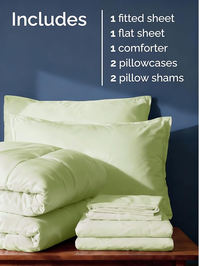 King Comforter Set - 7 Piece Bed in a Bag King Size Bed Set - Down Alternative Comforter, Flat Sheet, Fitted Sheet, Pillowcase & Shams for All Seasons - Ultra Soft and Breathable - Light Sage Green