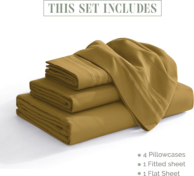 Elegant Comfort Luxurious 1500 Premium Hotel Quality Microfiber Three Line Embroidered Softest 4-Piece Bed Sheet Set, Wrinkle and Fade Resistant, Queen, Bronze