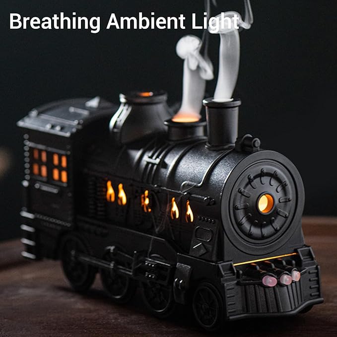 EBTOOLS 300Ml 8W Train Shaped Humidifier With Night Light, Dual Spray Modes, Warm and Cool Blue Light, Low Noise, Essential Oil Diffuser, Misting Function, Cool Mist Humidifier (Black)