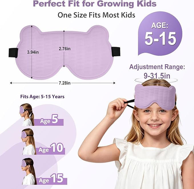 Kids Sleep Mask, 3D Sleep Mask for Kids with Adjustable Elastic Strap, Soft Comfortable Eye Mask for Children, Blackout Travel Kid Sleeping Mask for Ages 5-15 Boys Girls (Purple)