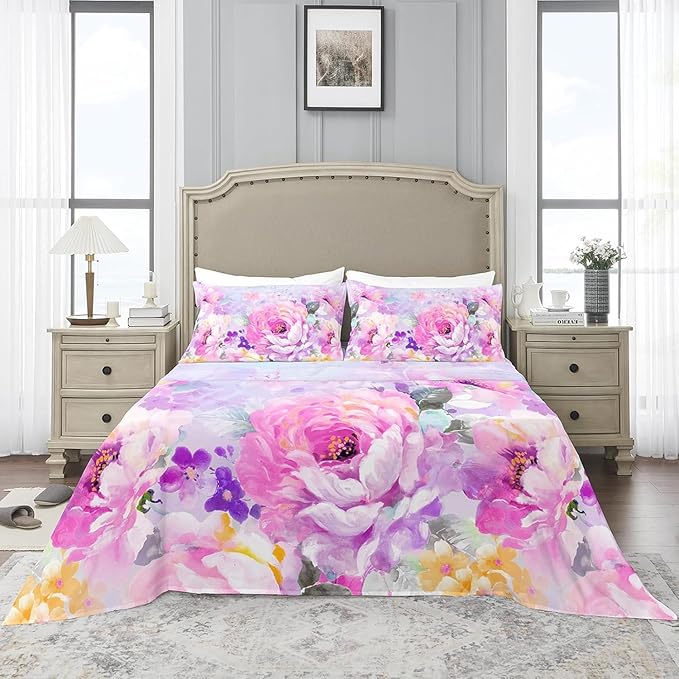 YIYEA Pillow Cases Queen Size Set of 4, Ultra Soft 1800TC Hotel Quality Double Brushed Microfiber Embroidered Pillowcases and Floral Pillow Covers, Envelope Closure, Fade Resistant (20"x30")