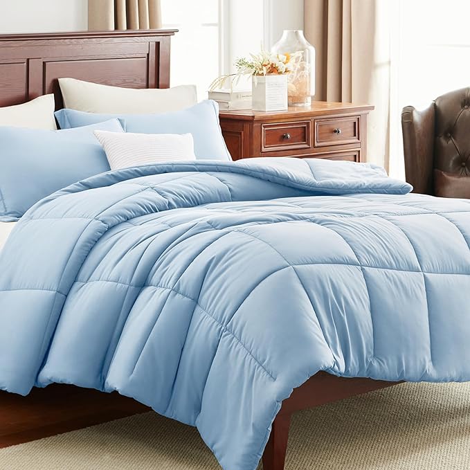 CozyLux Queen Comforter Set Baby Blue - 3 Pieces Box Stitched Comforters Queen Size, Soft Bed Set for All Seasons, Lightweight Bedding Sets with 1 Down Alternative Comforter and 2 Pillow Shams