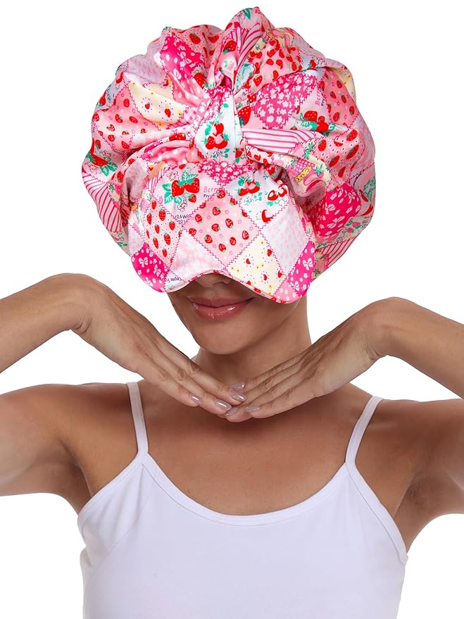 Double Layer Satin Bonnet with Eye Mask Adjustable Silk Sleep Cap Turban Style Hair Wrap for Curly Hair Pink Strawberry