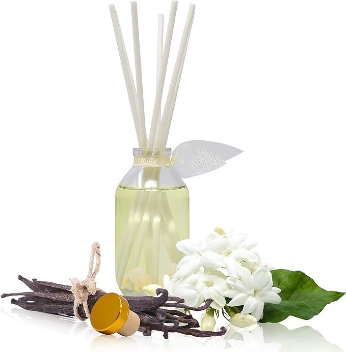 Reed Diffuser Set, Jasmine Vanilla Scented Oil Diffuser with Sticks, Home Fragrance Accessories for Bathroom Shelf Decor, Aroma Diffusers for Home or Office Desk, USA Made