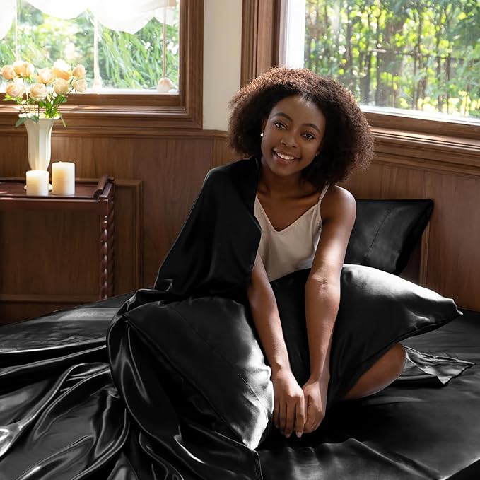 CozyLux Satin Sheets Twin XL Sheets - 3 Piece Silky XL Twin Sheet Set, Luxury Extra Long Black Sheet with Smooth and Soft Microfiber, Includes 1 Fitted Sheet, 1 Flat Sheet and 1 Pillowcase
